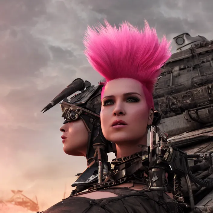 Image similar to beautiful apocalyptic woman with pink Mohawk, posing on mad max panzer tank, 4k ultra hd, fantasy dark art, artstation, octane render