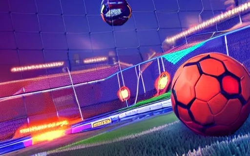 Prompt: rocket league goal, ball exploding, dramatic lighting, moody lighting, 4 k, hq, octane render, dynamic angle.