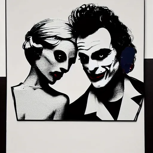 Prompt: mimmo rottela and banksy as joaquin phoenix skinny joker holding hand lady gaga harley queen, photorealistic, intricate details, pop art style, concept art, details proportional, random object movement, 3 colors, 4 k, 4 d, ultra smooth, sharp focus