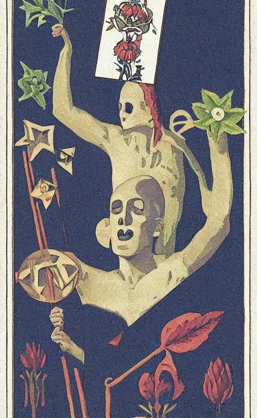 Prompt: an occult tarot card, the fool who is a madman, rule of thirds, holding a staff and a white flower, clever design, oval ornate modern graphic design border, minimal, flat colors, tarot card, by hannah hoch and jesse treece and christian jackson and josh brill