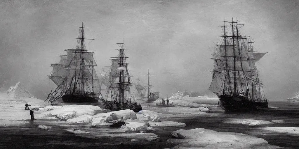 Image similar to “ an 1 8 0 0 s sail ship is stuck in solid white sea ice, completely frozen sea, the frozen sea is jagged and maze - like, towering ice ridges and spires and seracs, nighttime, stars visible, romanticist oil painting ”