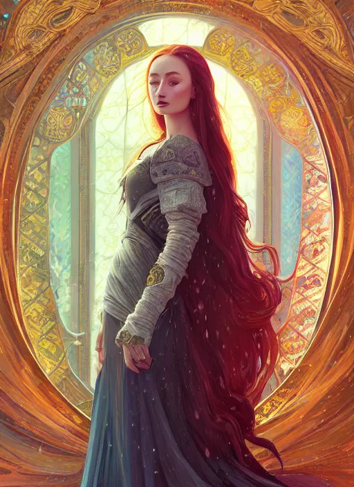 Prompt: sophie turner empress detailed clothing, half body shot, arms down, path traced, highly detailed, high quality, digital painting, alena aenami, lilia alvarado, shinji aramaki, karol bak, alphonse mucha, tom bagshaw