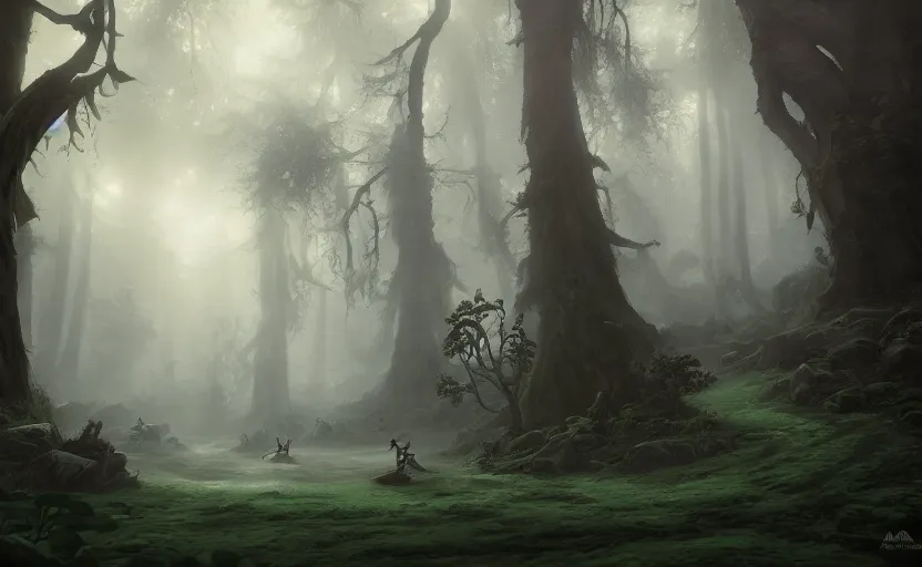 Prompt: The firelies danced around the deep dark forest, illuminating a winding path into the mist, by Andreas rocha. matte painting, fantasy art, 8k render, unreal engine, trending on artstation 4k