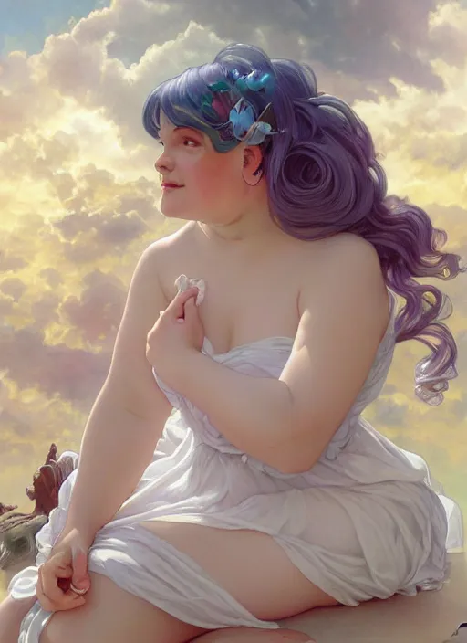 Image similar to a chubby white woman with pointed ears, wearing a white sundress, rainbow pastel clouds for hair, realistic painting by ross tran and gerald brom and alphonse mucha, artgerm, trending on artstation