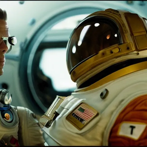 Prompt: in one frame, the toad sits opposite Brad Pitt in a spacesuit, 4k, 8k, top cinematic lighting , cinematic mood, hyperrealism, full-length, Brad Pitt