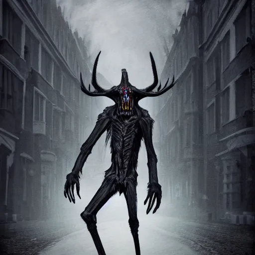 Image similar to ominous spooky wendigo walking through the center of old london city, oil painting, gloomy misty atmosphere, symmetrical, full body image, highly ornate intricate details, very sharp photo,