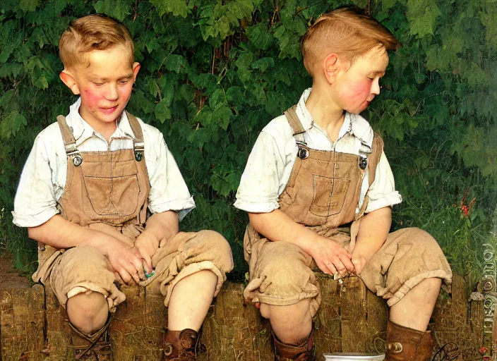 Image similar to high quality high detail painting by norman rockwell, hd, two young boys wearing overalls, farm, muted pastel colors, photorealistic lighting