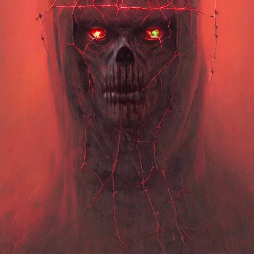 Prompt: portrait of demonic Tom Cruise with red glowing eyes in hood and crown of thorns, dark fantasy, Warhammer, artstation painted by Zdislav Beksinski and Wayne Barlowe