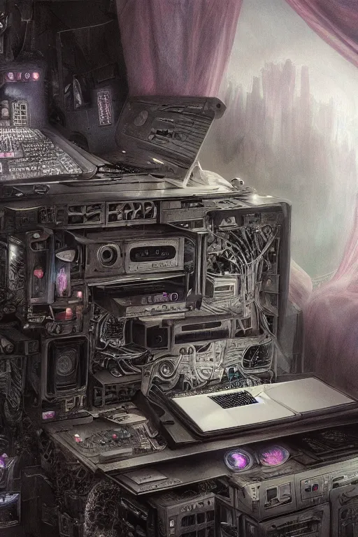 Image similar to the inside of a computer by mahmoud farshchian, mia brownell, very detailed, maximalism, ambient occlusion, volumetric light, atmospheric haze, hyper realism, realistic shading, cinematic composition, realistic render, photorealistic, wide shot