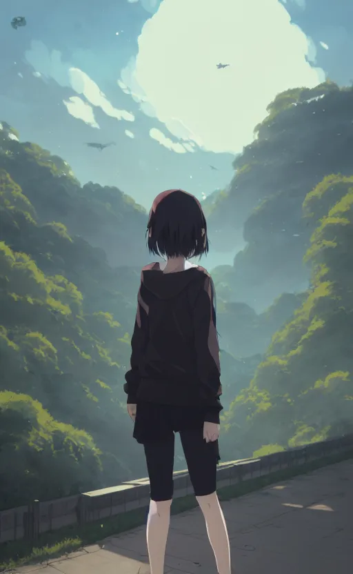 Prompt: a girl wearing black pullover with tribals, sport glasses, softair arena landscape, illustration, concept art, anime key visual, trending pixiv fanbox, by wlop and greg rutkowski and makoto shinkai and studio ghibli and kyoto animation, blue archive, yellow aureole, airsoft handgun, red reflective lens