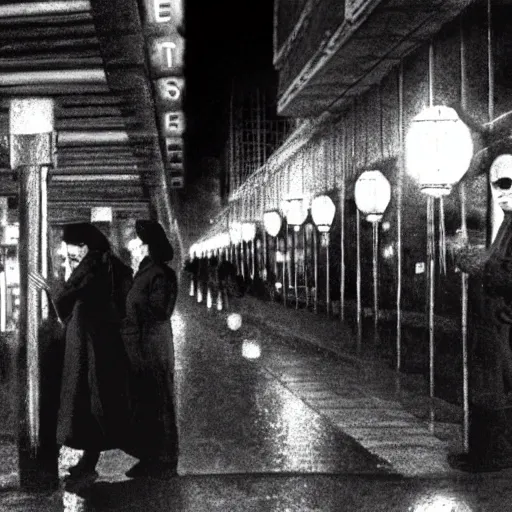 Image similar to some people waiting at bus stop in dark city night, detailed, high quality,a scene by Stanley kubrick, sci-fi, reimagined by industrial light and magic