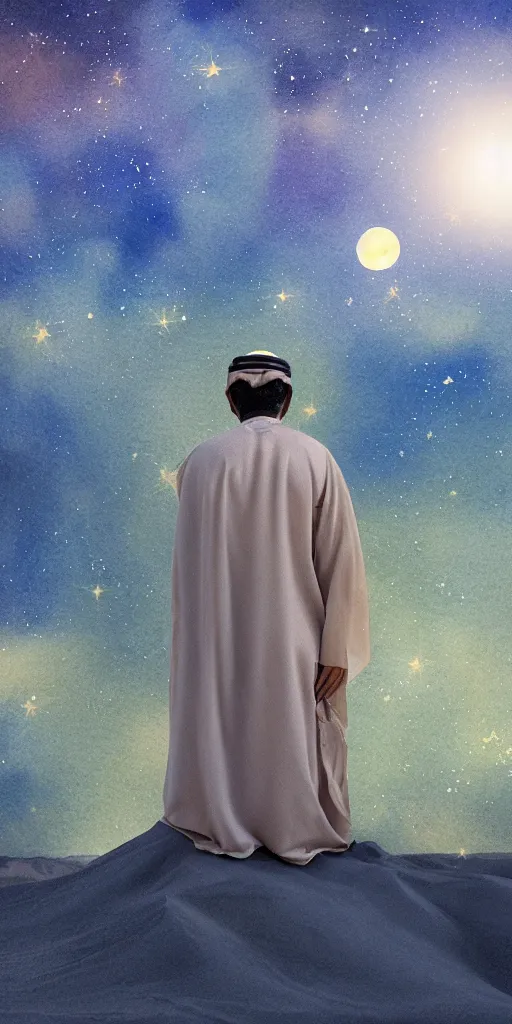 Image similar to an arab person with his back standing in the desert with sky with stars in watercolor, cinematic, highly detailed wide, atmospheric lighting, muted colors