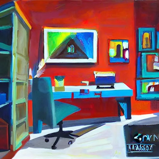 Image similar to painting gallery workplace, art style by bryen frost
