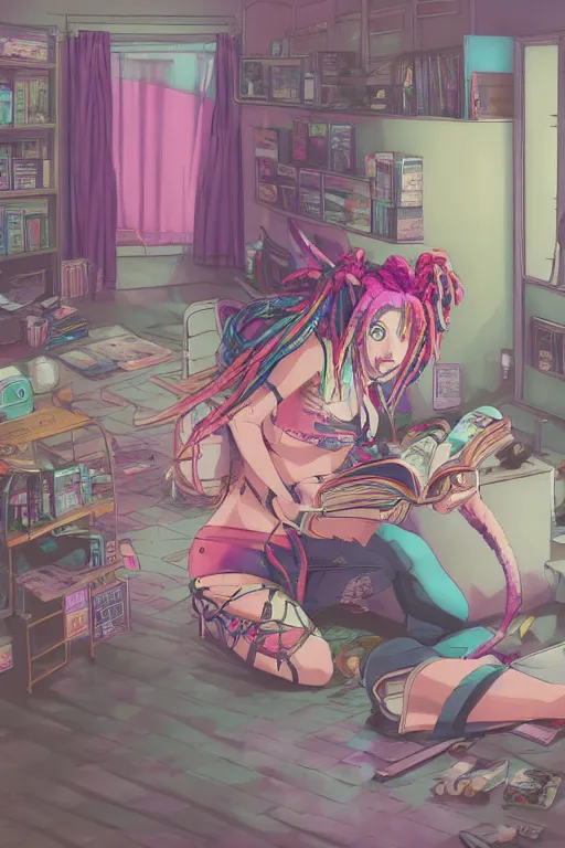 Image similar to concept art painting of an anime cybergoth girl with pink dreads on the floor reading a book in a cluttered 9 0 s bedroom, artgerm, inio asano, toon shading, cel shading, calm, tranquil, vaporwave colors, rendered by substance designer,