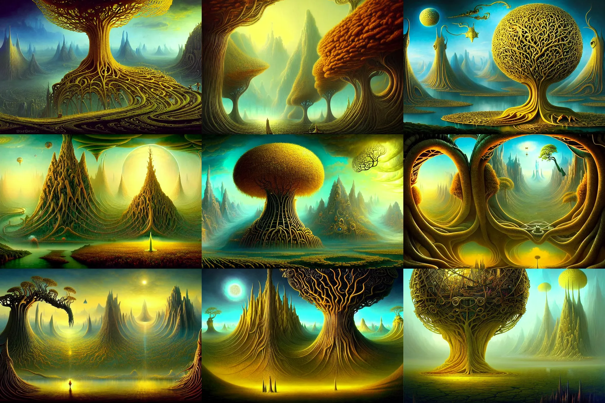 Prompt: a beautiful epic stunning amazing and insanely detailed matte painting on canvas of alien dream worlds with surreal architecture designed by Heironymous Bosch, behold the great golden tree Glasir at the gates of Valhalla, mega structures inspired by Heironymous Bosch's Garden of Earthly Delights, vast surreal landscape and horizon by Cyril Rolando and Andrew Ferez, masterpiece!!, grand!, imaginative!!!, whimsical!!, epic scale, intricate details, sense of awe, elite, wonder, insanely complex, masterful composition, sharp focus