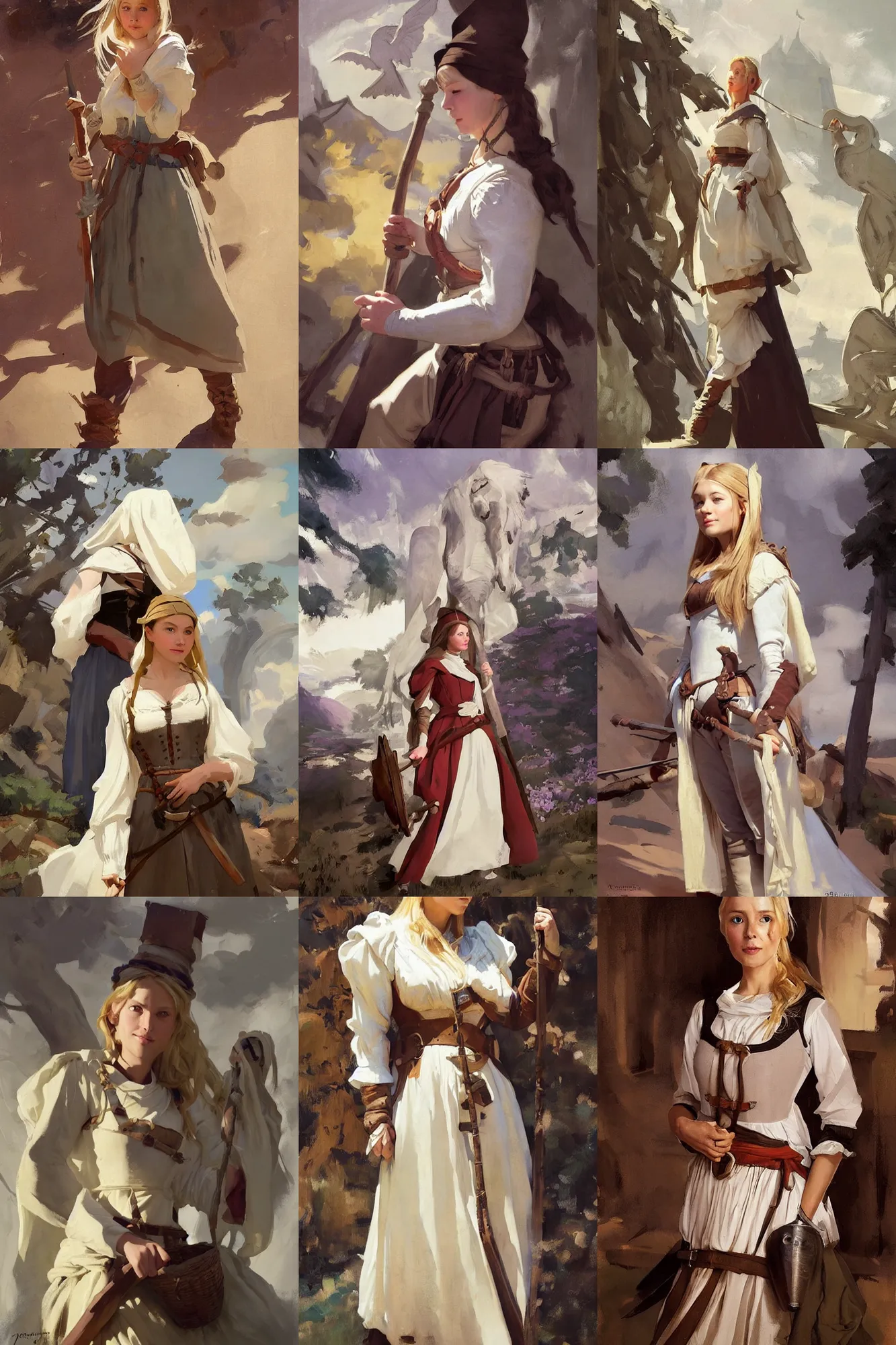 Prompt: portrait of medieval village finnish norway scandinavian maiden wearing 1 8 th century stay jodhpurs greg manchess painting by sargent and leyendecker, studio ghibli, fantasy, medium shot, asymmetrical, intricate, elegant, matte painting, illustration, hearthstone, by greg rutkowski, by greg tocchini, by james gilleard, by joe fenton