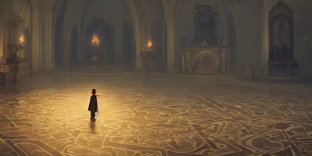 Image similar to animation key shot of a magician with a pointy hat dressed sweeping the floor in an elegant castle, studio ghibli, pixar and disney animation, sharp, rendered in unreal engine 5, anime key art by greg rutkowski, bloom, dramatic lighting