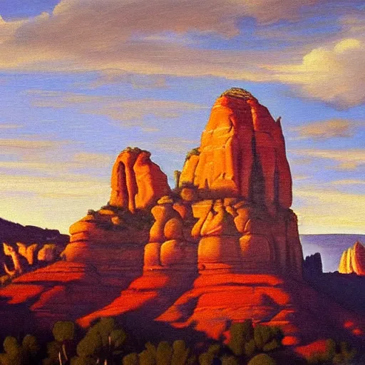 Image similar to sedona's cathedral rock bluff, oil painting at twilight, intricate lines, elegant, extreme detail, smooth, sharp focus, art by vermeer and edward church