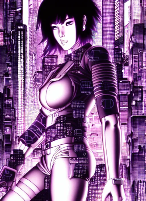 Image similar to motoko kusanagi in grungy cyberpunk megacity, intricate and finely detailed, cyberpunk vaporwave, portrait by j scott campbell, phil jimenez, ilya kuvshinov