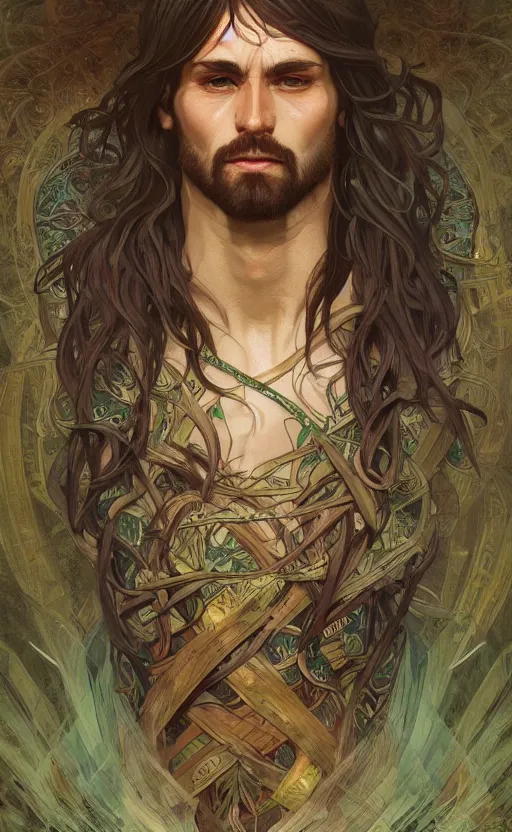 Image similar to god of the forest, 30 years old, rugged, male, gorgeous gorgeous gorgeous, detailed face face face face, amazing, thighs thighs thighs thighs, muscular, intricate, highly detailed, digital painting, artstation, concept art, sharp focus, illustration, by alphonse mucha