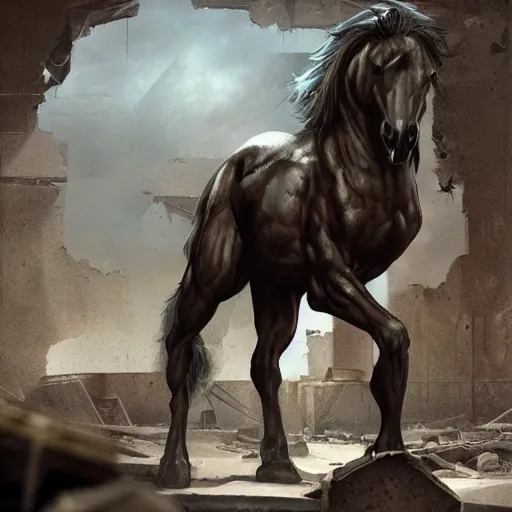 Prompt: splash art of a titanically muscular anthro horse with a magnificently massive physique wearing a tight kevlar standing in the ruins of a facility, equine, highly detailed, digital painting, artstation, sharp focus, game art, concept art, illustration, art by artgerm, greg rutkowski, wlop