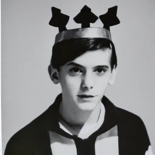 Image similar to a yearbook photo from 1966 of Jughead Jones, wearing a felt crown