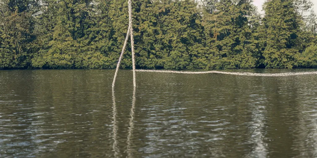 Image similar to centered photograph of a long rope zig zagging across the surface of the water, floating submerged rope stretching out towards the center of the lake, a dark lake on a cloudy day, color film, trees in the background, hyperedetailed photo, anamorphic lens