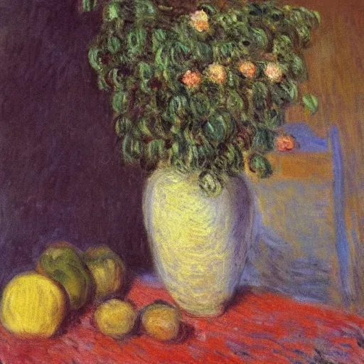 Prompt: Impressionist painting of a still life, highly proficient, museum collection, 19th-century, monet, somber