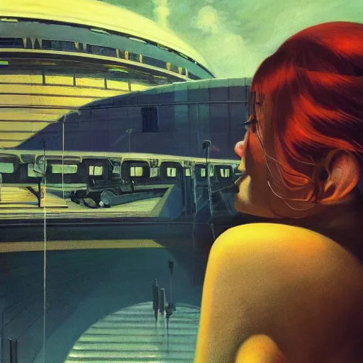 Prompt: detailed face of a woman, clockwork, moment, tectonic sky, skydome, bullet train, turbines, utopian, tech noir, wet reflections, prism, atmospheric, ambient, pj crook, syd mead, livia prima, emma uber, greg rutkowski, edward hopper