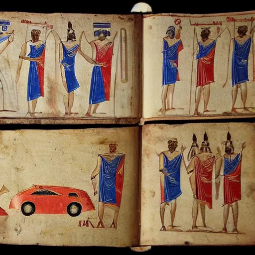 Image similar to ancient greek manuscript with pictures of cars