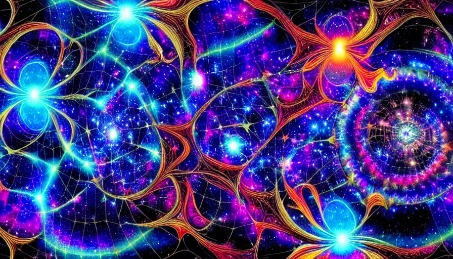 Prompt: a galaxy exploding, psychedelic colors, a blacksmith swinging his hammer at his forge, realistic reflections, stars, psychedelic patterns, fractal, rippling fabric of reality, the spider that weaves the web of time, a sense of movement