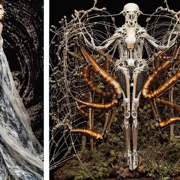 Image similar to still frame from Prometheus, biomechanical gaia, by Neri Oxman and alexander mcqueen metal couture editorial, in mycelium hanging garden by giger by utagawa kuniyoshi