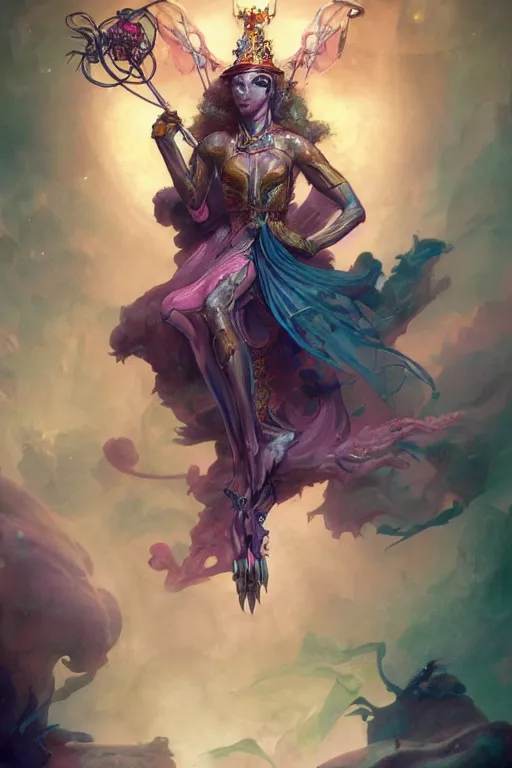 Image similar to an beautiful rendering of a tarot card of High Arcane based on the original rider waite tarot deck, full of colors, insane details, concept art, elegant, by Peter Mohrbacher and brian froud, hyperrealistic, octane render, by Greg Rutkowski, RPG portrait, dynamic lighting