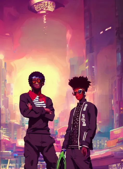 Image similar to afro - futurist gangstas, lavish lifestyle and money, fashionable, jacking the metaverse | hyperrealistic oil painting | by makoto shinkai, ilya kuvshinov, lois van baarle, rossdraws | afrofuturism, in the style of boondocks, trending on artstation | dark color scheme