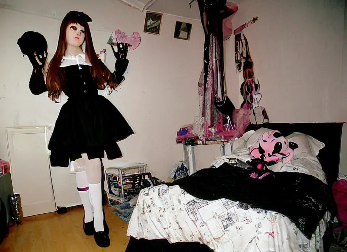 Image similar to goth girl in a maid outfit, cluttered bedroom, 2 0 0 6