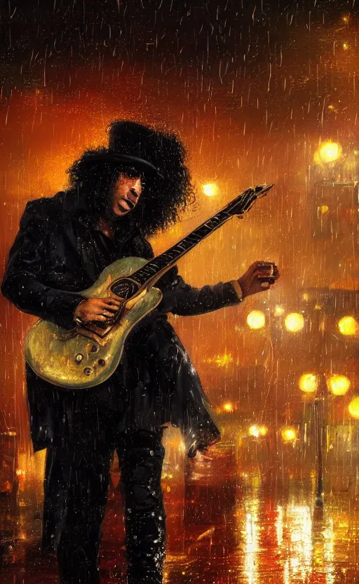 Image similar to a painting of slash playing the guitar, rainy night, lights, particles, depth of field, raindrops, crowd, lights, top hat by greg rutkowski, featured on artstation