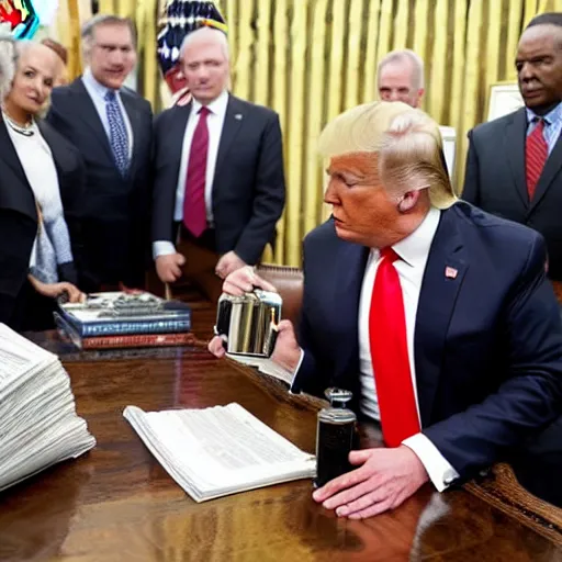 Prompt: Trump drinking out of a hipflask in the Oval Office, newspaper picture, pulitzer-prized photo