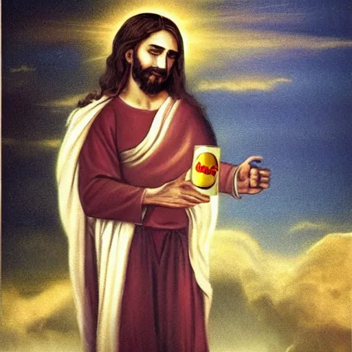 Prompt: jesus holding a can of Redbull