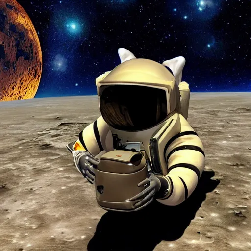 Prompt: A raccoon astronaut by the lakes of the moon Titan, mission photo