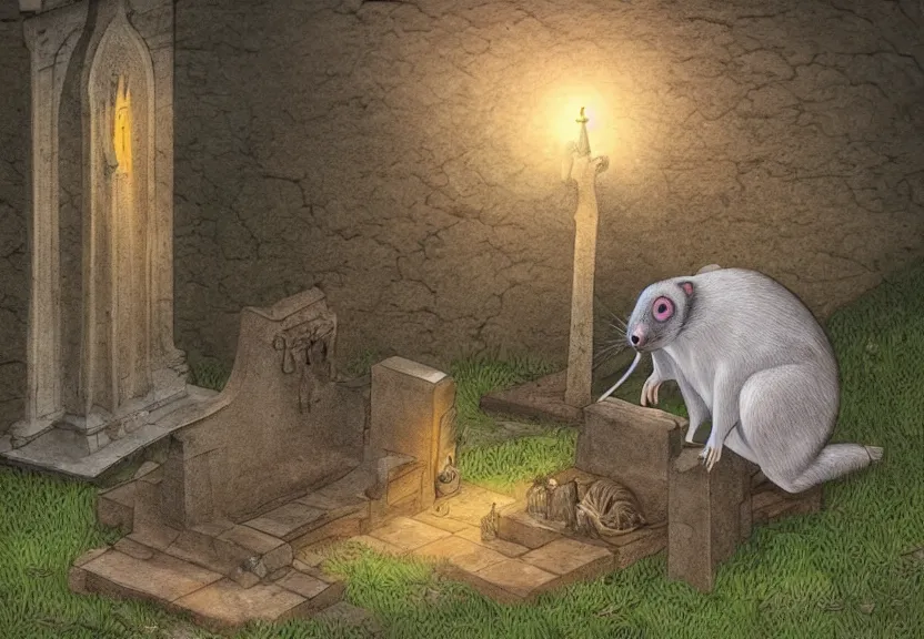 Prompt: a monk possum at a medieval cemetery at night, highly detailed, digital art, isometric