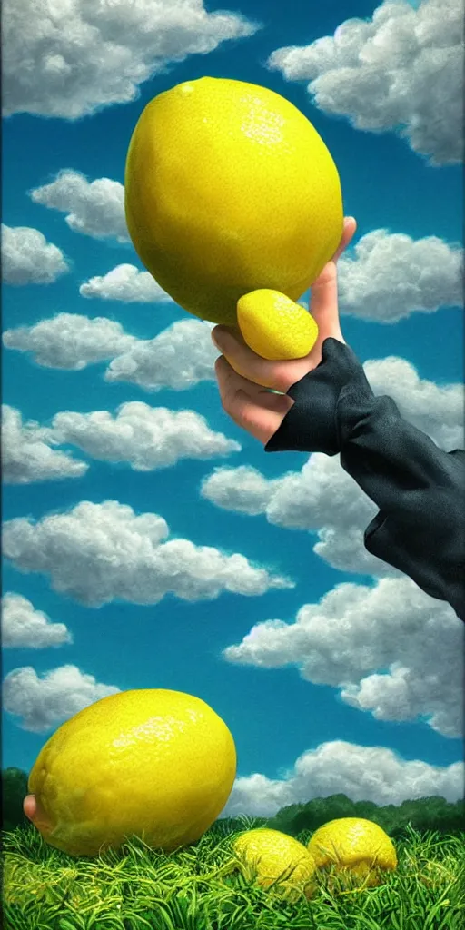 Prompt: white glove hands squeezing a big lemon with surrounded by grass on a green field below dramatic airbrushed clouds by Yoshitaka Amano ps1 psx style