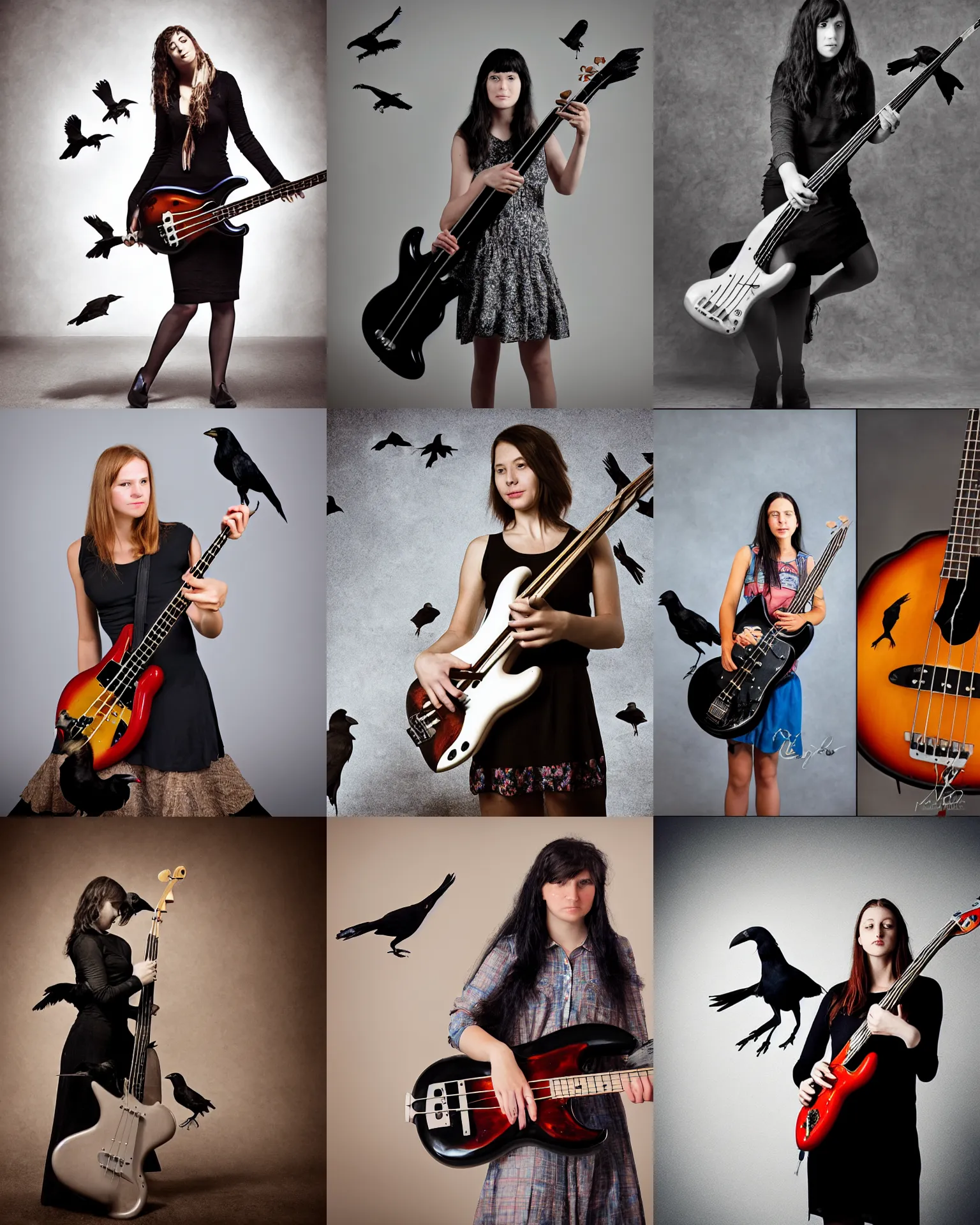 Prompt: a beautiful girl playing bass guitar with her Pet Crows photograph in the style of Annie Leibovitz, Studio Lighting