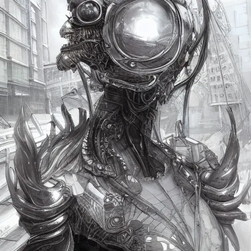 Image similar to in the city, highly detailed, trending on artstation, artgerm, yoshitaka amano