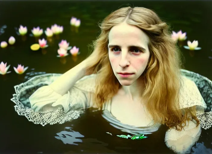 Image similar to Kodak Portra 400, 8K, soft light, volumetric lighting, highly detailed, brit marling style 3/4 ,view from above of close-up portrait photo of a beautiful woman how pre-Raphaelites painter, to float on one's back, part of the face is emerging of a pond with water lilies, she has a beautiful lace dress and hair are intricate with highly detailed realistic beautiful flowers , Realistic, Refined, Highly Detailed, natural outdoor soft pastel lighting colors scheme, outdoor fine art photography, Hyper realistic, photo realistic,warm lighting,