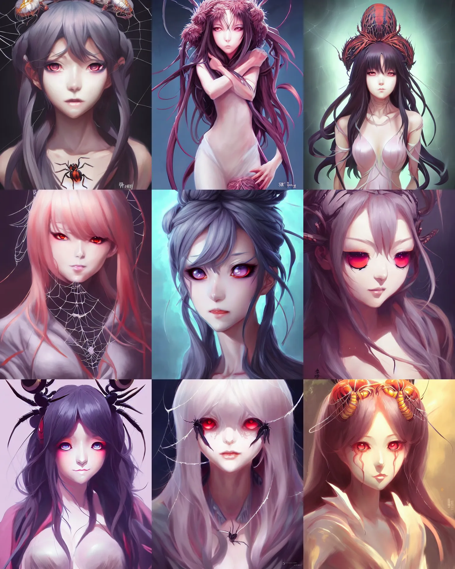 Prompt: character concept art of an anime goddess of spiders | | cute - fine - face, pretty face, realistic shaded perfect face, fine details by stanley artgerm lau, wlop, rossdraws, james jean, andrei riabovitchev, marc simonetti, and sakimichan, trending on artstation