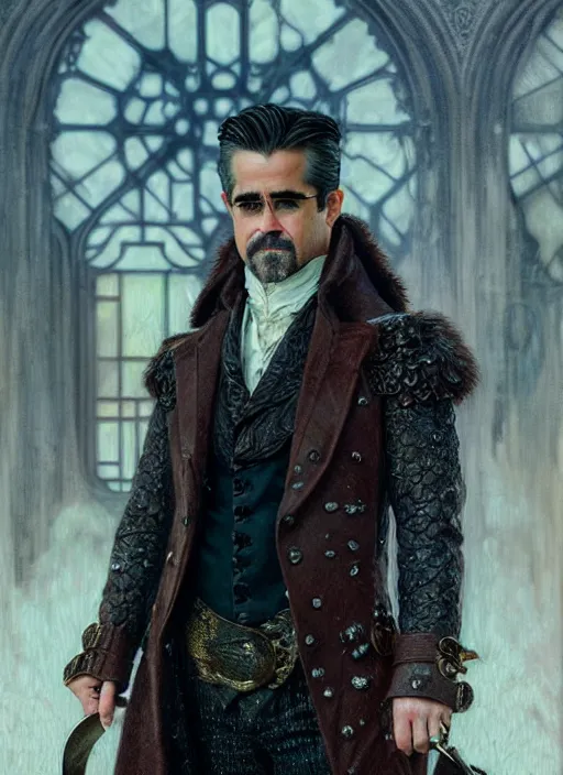 Prompt: colin farrell as a aristocrat wearing shelby boots, detailed face, d & d, wet, shiny, fantasy, intricate, elegant, hyper detailed, ultra definition, photoreal, artstation, unreal engine rendered, concept art, smooth, sharp focus, illustration, art by artgerm and greg rutkowski and alphonse mucha and garis edelweiss