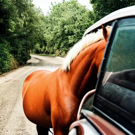 Prompt: horse inside of a car - w 9 6 0