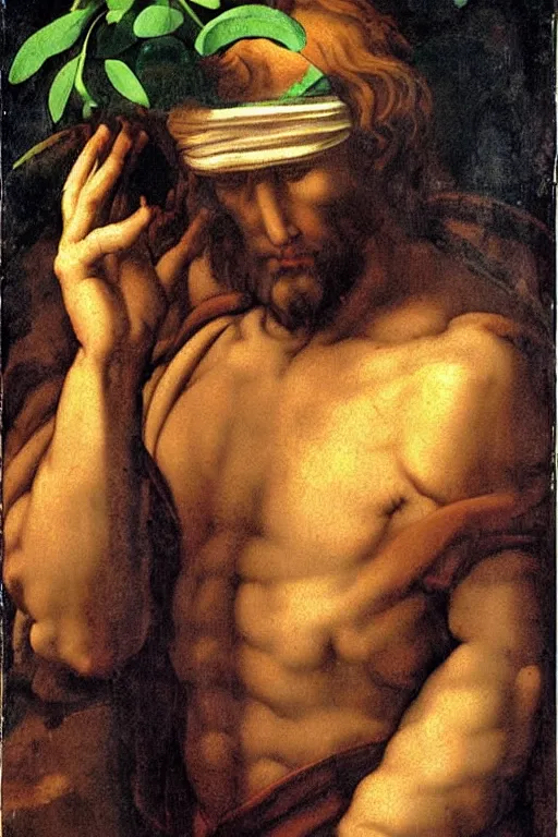 Image similar to michelangelo painting of jesus christ with blindfold!!!!!! holding cornucopia!!!!!!