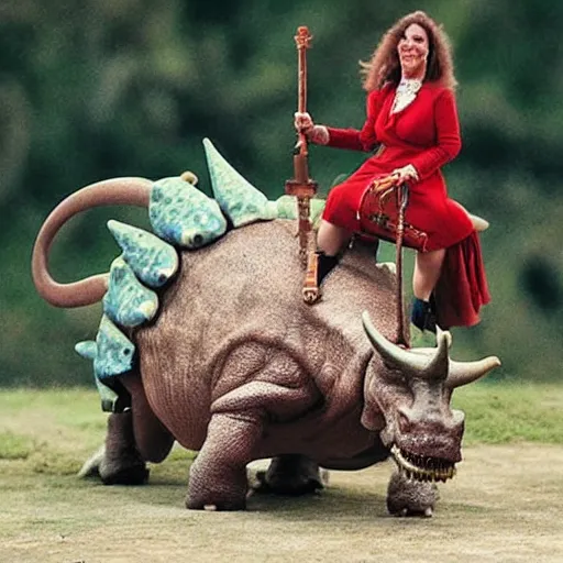 Prompt: mirtha legrand riding a triceratops