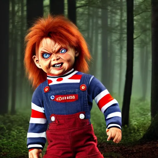 Prompt: chucky the doll in the woods foggy digital art 4 k detailed super realistic